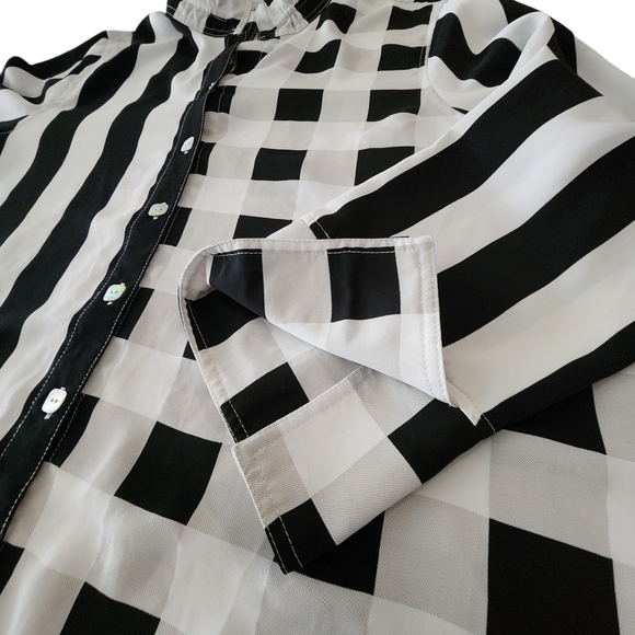 MiRELLE Black & White Contrast Striped & Plaid Ruffle Stand Collar Blouse Size L - Picture 7 of 11